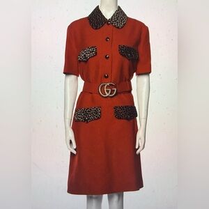 Gucci, wool knee length dress, beautiful red with animal print trim & belt sz xl